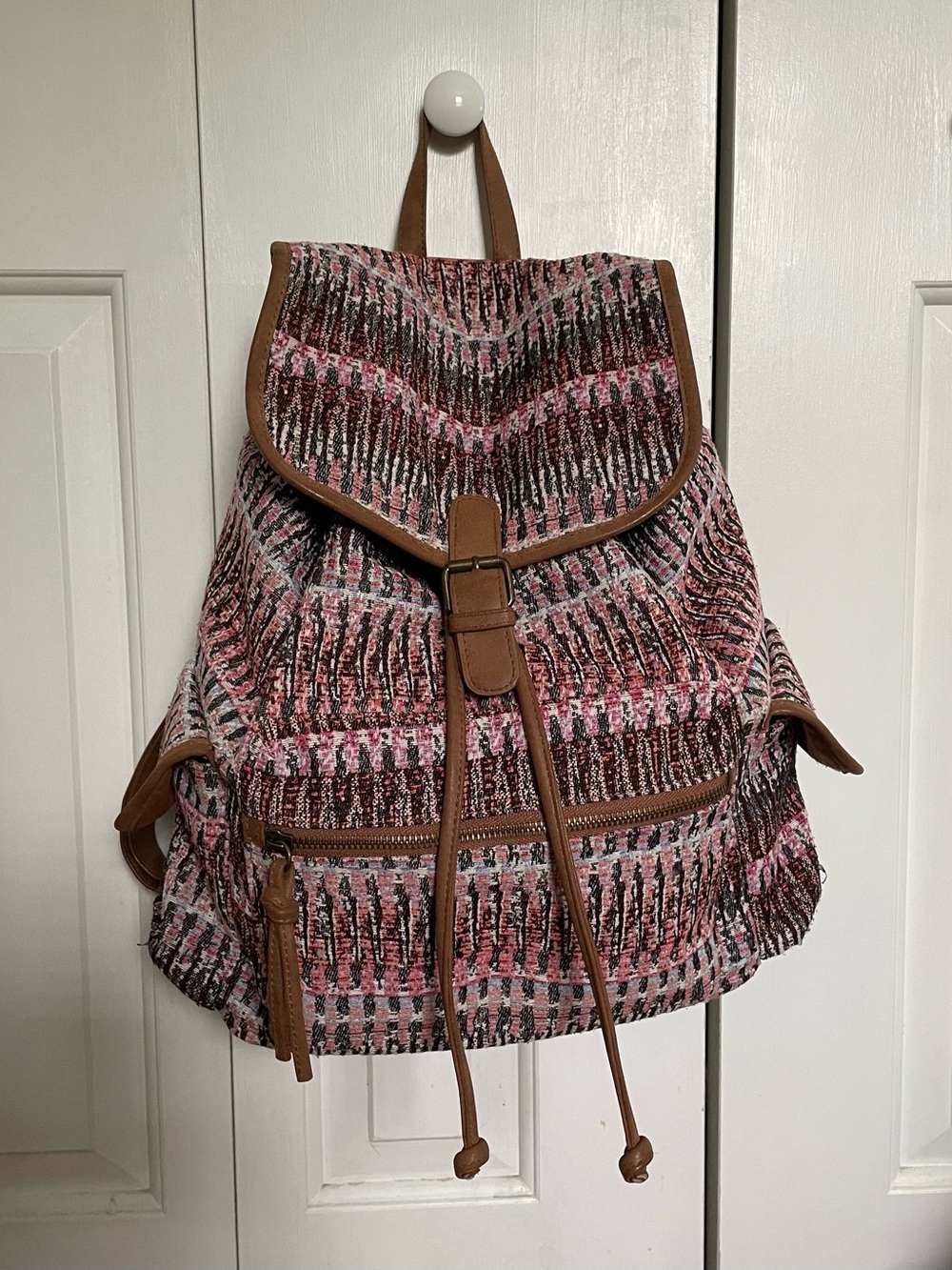 Textured Pink Patterned Boho Drawstring Backpack with Brown Accents